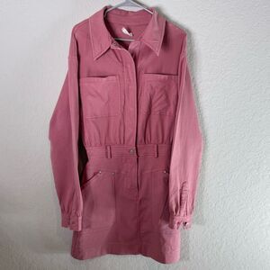 Avec Les Filles Pink Coverall Denim 3/4 Snap Front Patch Pocket Dress Size S